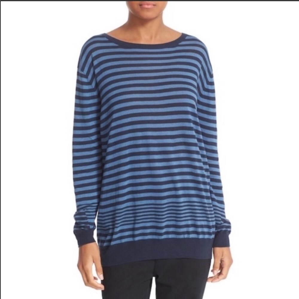 Vince Lightweight Striped Knit Sweater Small Blue Drop Shoulder Silk